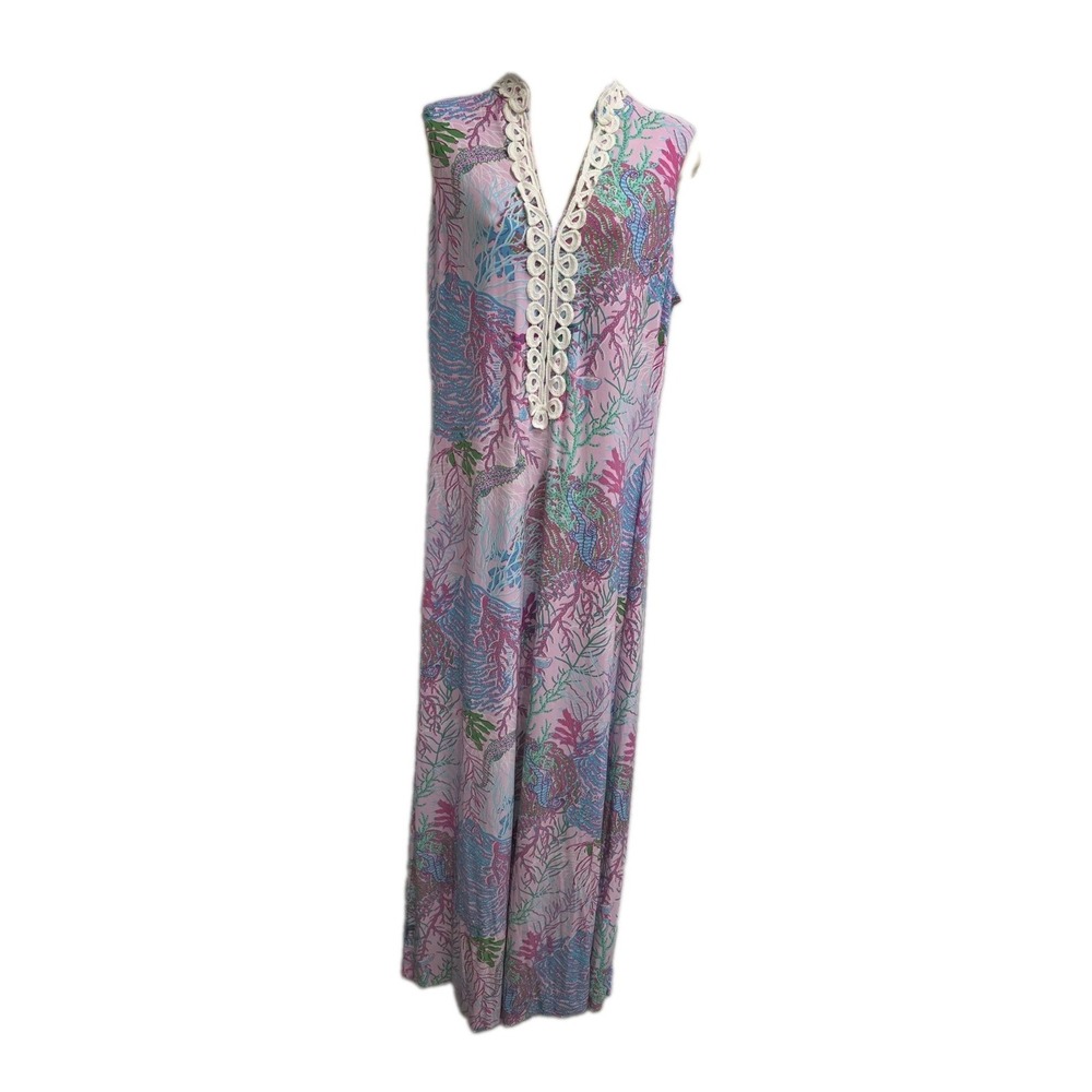 Pappagallo Dress Maxi Cactus Rose Sea Horse Coral Size Large Preppy Resortwear - Picture 2 of 8